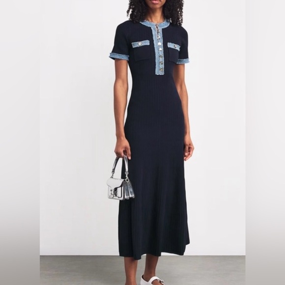 Sandro Navy Ribbed Knit Dress with Denim Trim - Picture 2 of 2